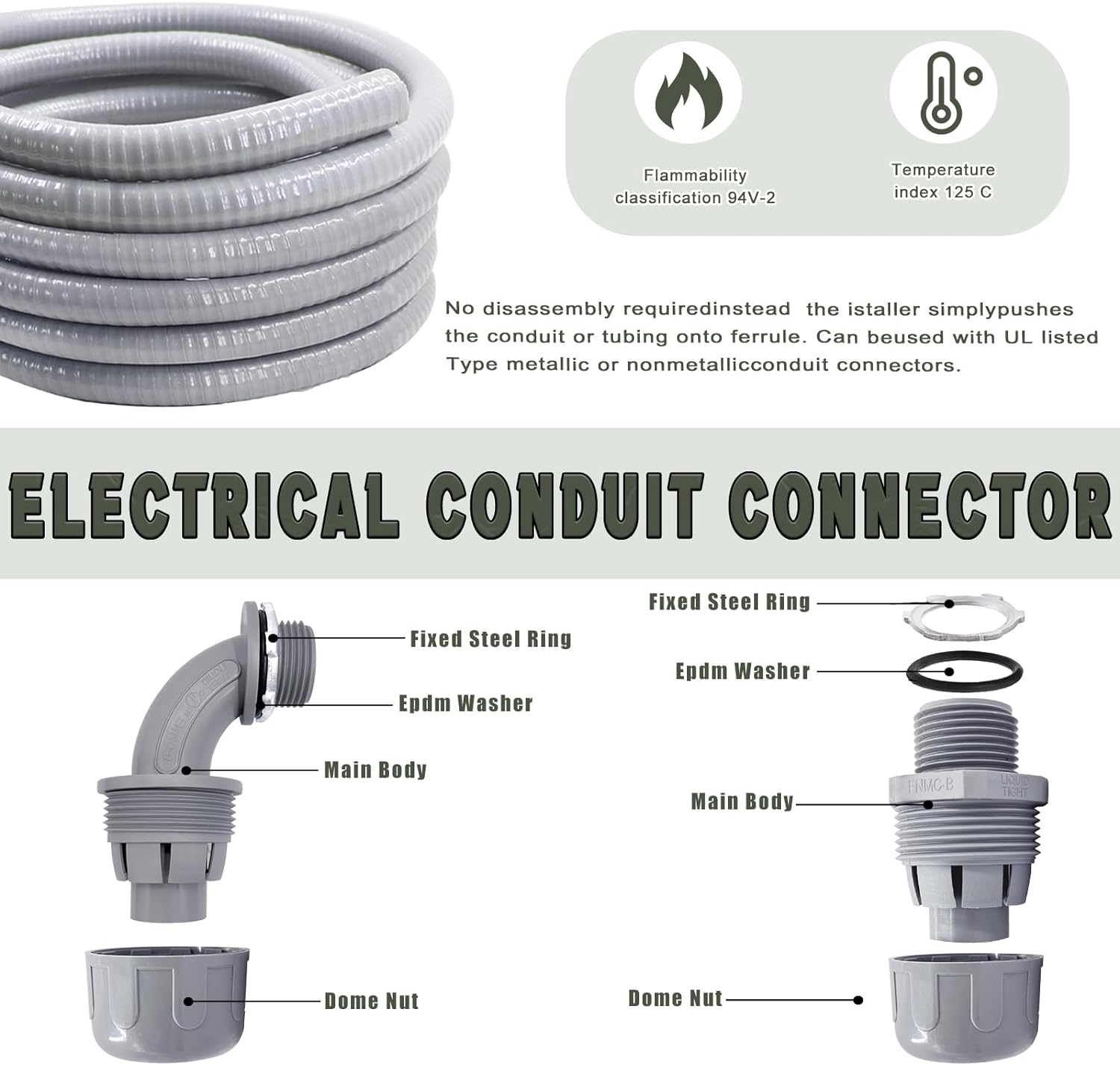 Liquid-Tight Conduit and Connector Kit - 3/4 Inch 25 FT Non Metallic Liquid Tight Electrical Conduit with 5 Straight and 5 Angle Fittings - Image 4