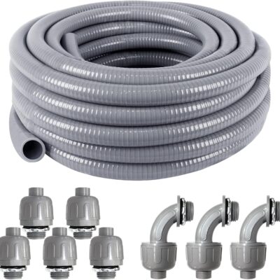 Liquid-Tight Conduit and Connector Kit 1/2inch 25ft, Flexible Non Metallic Liquid Tight Electrical Conduit UL Certification, Electrical Conduit Kit with 5 Straight, 3 Angle Fittings