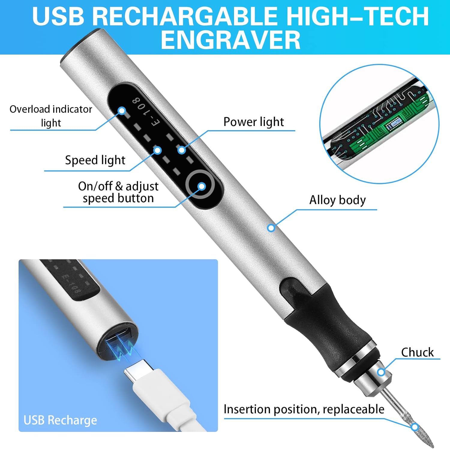 Jutom 2 Pcs USB Rechargeable Engraving Pen with Bits Cordless Engraving Machine Electric Mini Metal Engraving Tools DIY Rotary Engraver for Jewelry Wood Glass Stone Ceramic Plastic (Silver) - Image 3