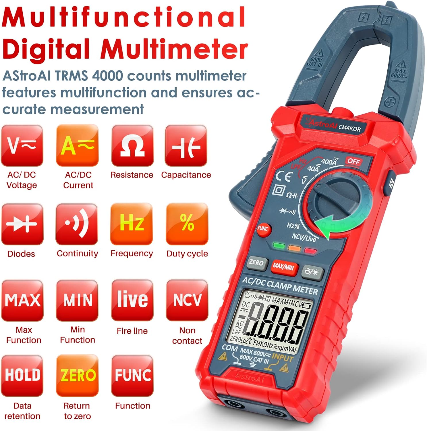 AstroAI Digital Clamp Meter Multimeter 4000 Counts Auto-ranging Amp Tester Measuring AC/DC Voltage & Current, Resistance, Capacitance, Frequency, Continuity, Live Wire Test, NCV Detection - Image 2
