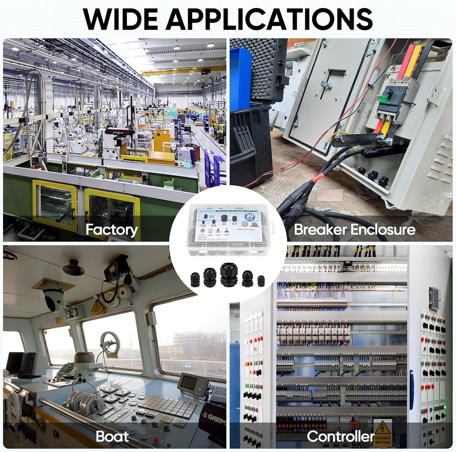 TICONN 20 Pcs IP68 Waterproof Cable Gland Kit Nylon NPT Adjustable Cable Connectors Assortment 1/4” 3/8” 1/2” 3/4” 1“ for Waterproof Junction Box Wire Pannel (Black, 20 Pcs) - Image 7