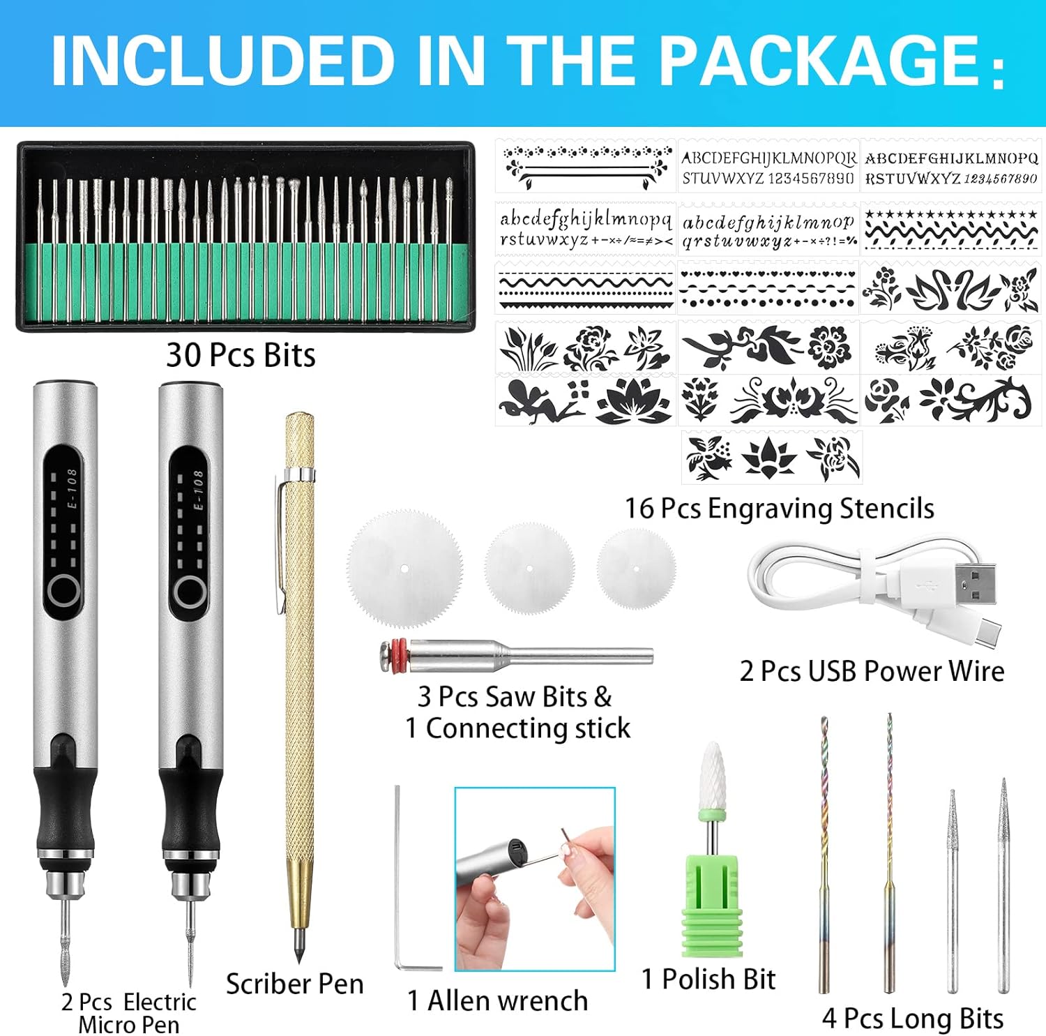 Jutom 2 Pcs USB Rechargeable Engraving Pen with Bits Cordless Engraving Machine Electric Mini Metal Engraving Tools DIY Rotary Engraver for Jewelry Wood Glass Stone Ceramic Plastic (Silver) - Image 2