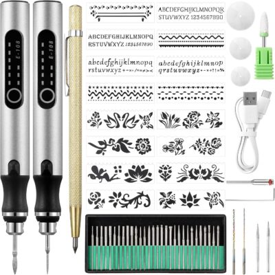Jutom 2 Pcs USB Rechargeable Engraving Pen with Bits Cordless Engraving Machine Electric Mini Metal Engraving Tools DIY Rotary Engraver for Jewelry Wood Glass Stone Ceramic Plastic (Silver)