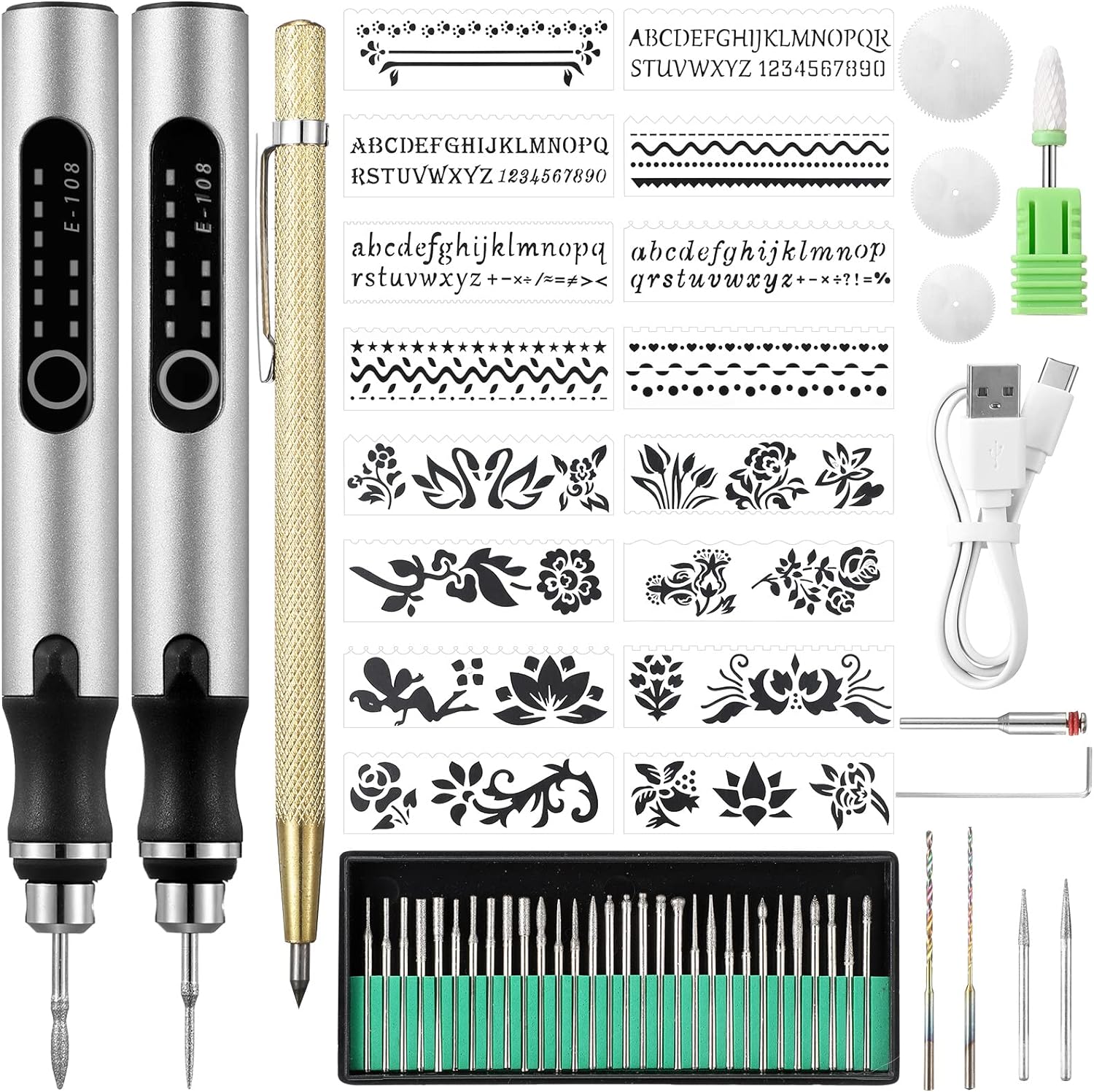 Jutom 2 Pcs USB Rechargeable Engraving Pen with Bits Cordless Engraving Machine Electric Mini Metal Engraving Tools DIY Rotary Engraver for Jewelry Wood Glass Stone Ceramic Plastic (Silver)