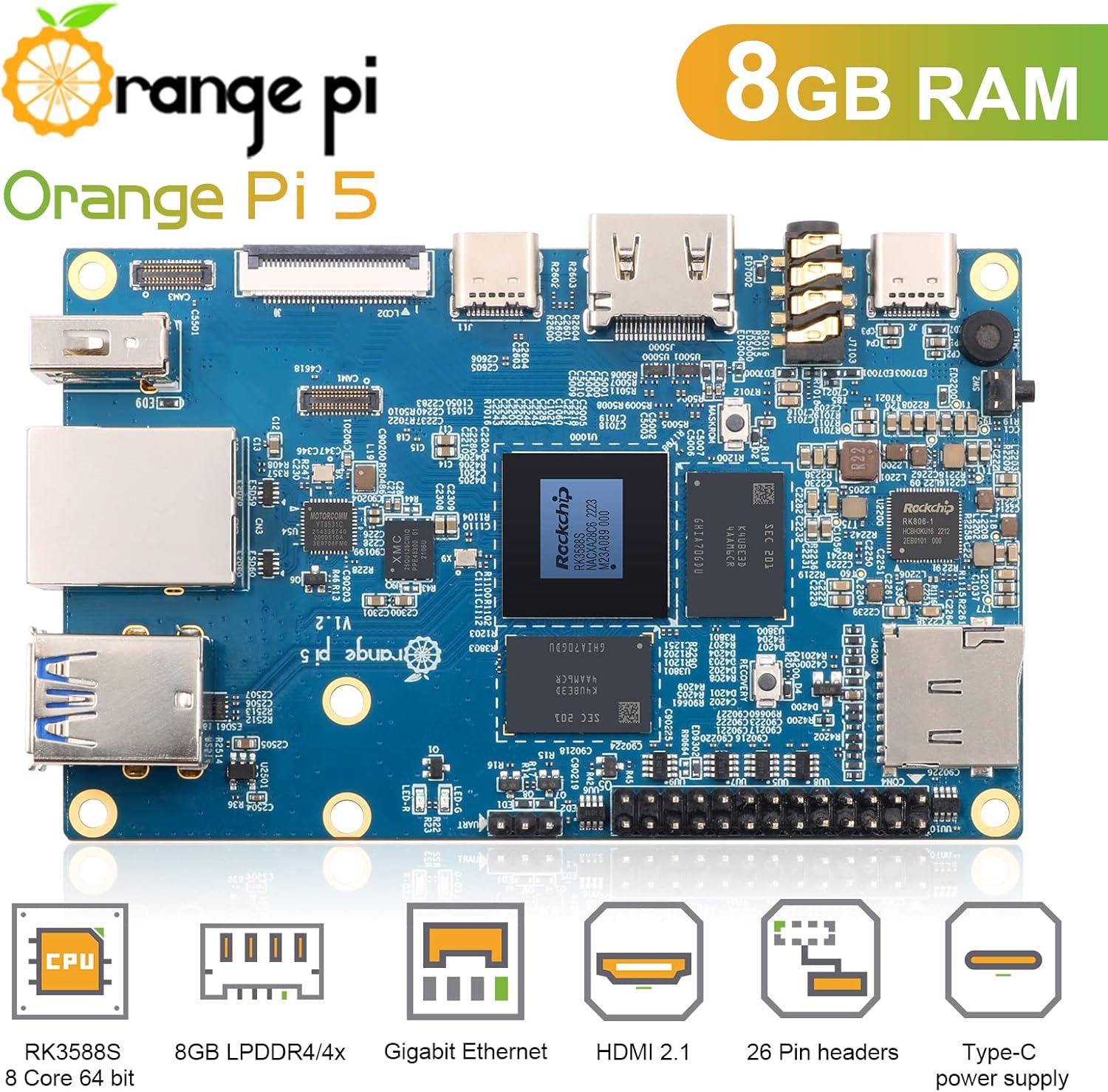 5 8GB Rockchip RK3588S 8 Core 64 Bit Single Board Computer, 2.4GHz Frequency Open Source Development Board Mini PC Desktop Run Orange Pi OS, Android12, Debian11 (Pi 5 8GB) - Image 6