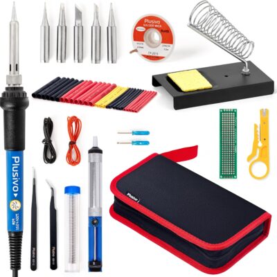 Soldering Iron Kit - 60W Soldering Iron Adjustable Temperature, Solder Wire, Tweezers, Soldering Iron Stand, 5 pcs Solder Tips, Desoldering Pump, Solder Wick, Heatshrink Tubes [110 V, US Plug]