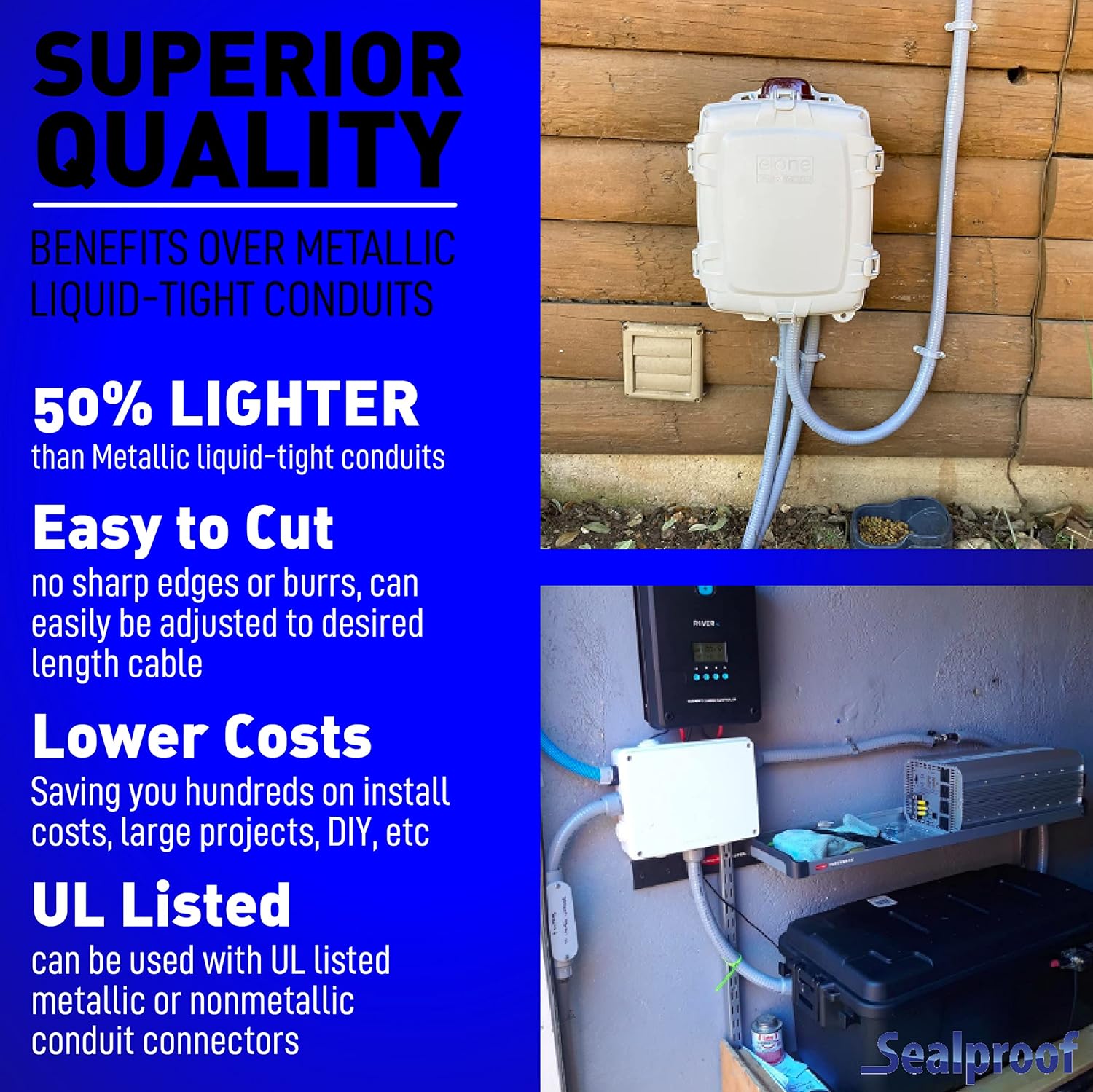 Sealproof 1/2-Inch Non-Metallic Liquid-Tight Conduit and Connector Kit, 25 Foot Made in USA Flexible Electrical Conduit Type B with 4 Straight and 2 90-Degree Conduit Connector Fittings, 1/2" Dia - Image 3
