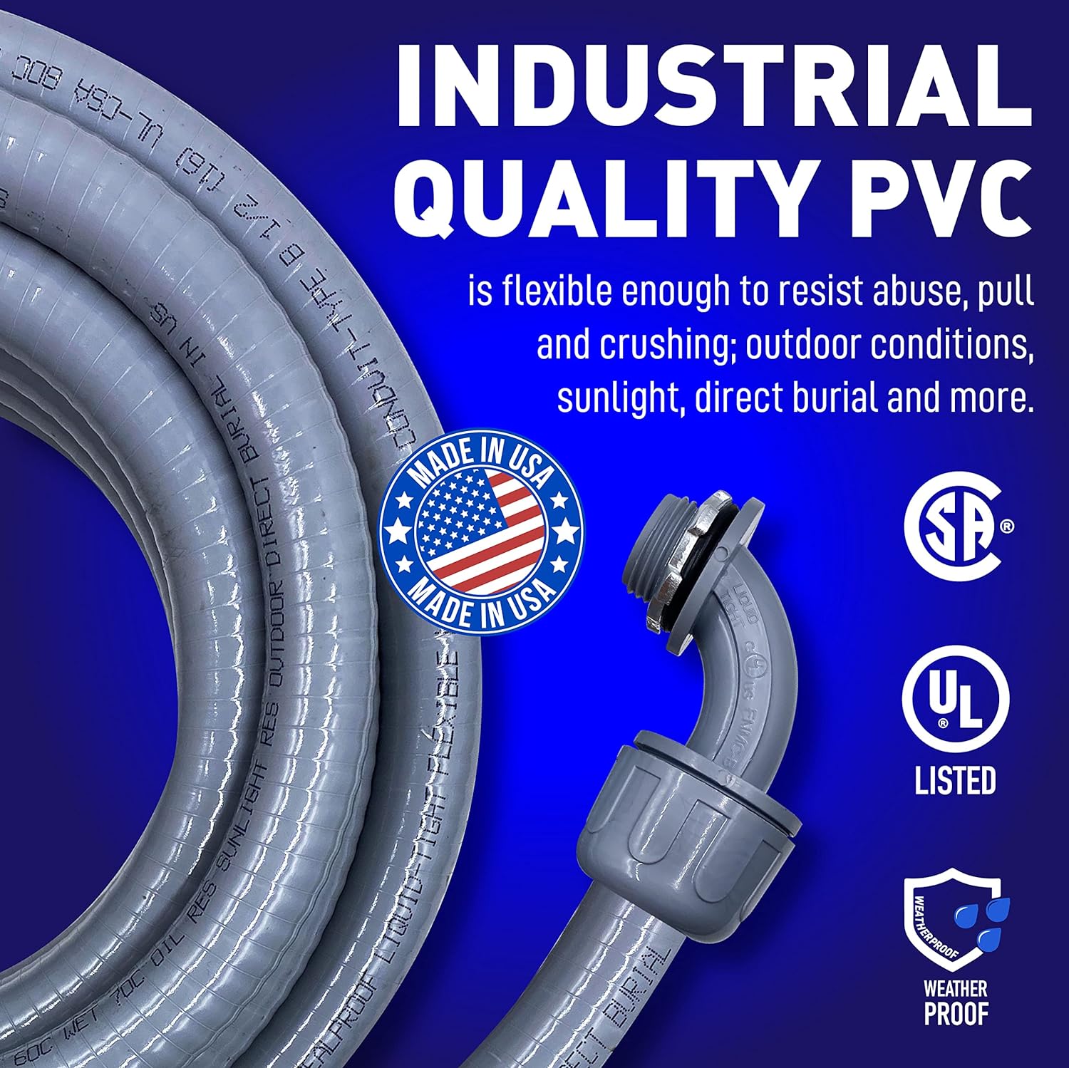 Sealproof 1/2-Inch Non-Metallic Liquid-Tight Conduit and Connector Kit, 25 Foot Made in USA Flexible Electrical Conduit Type B with 4 Straight and 2 90-Degree Conduit Connector Fittings, 1/2" Dia - Image 6