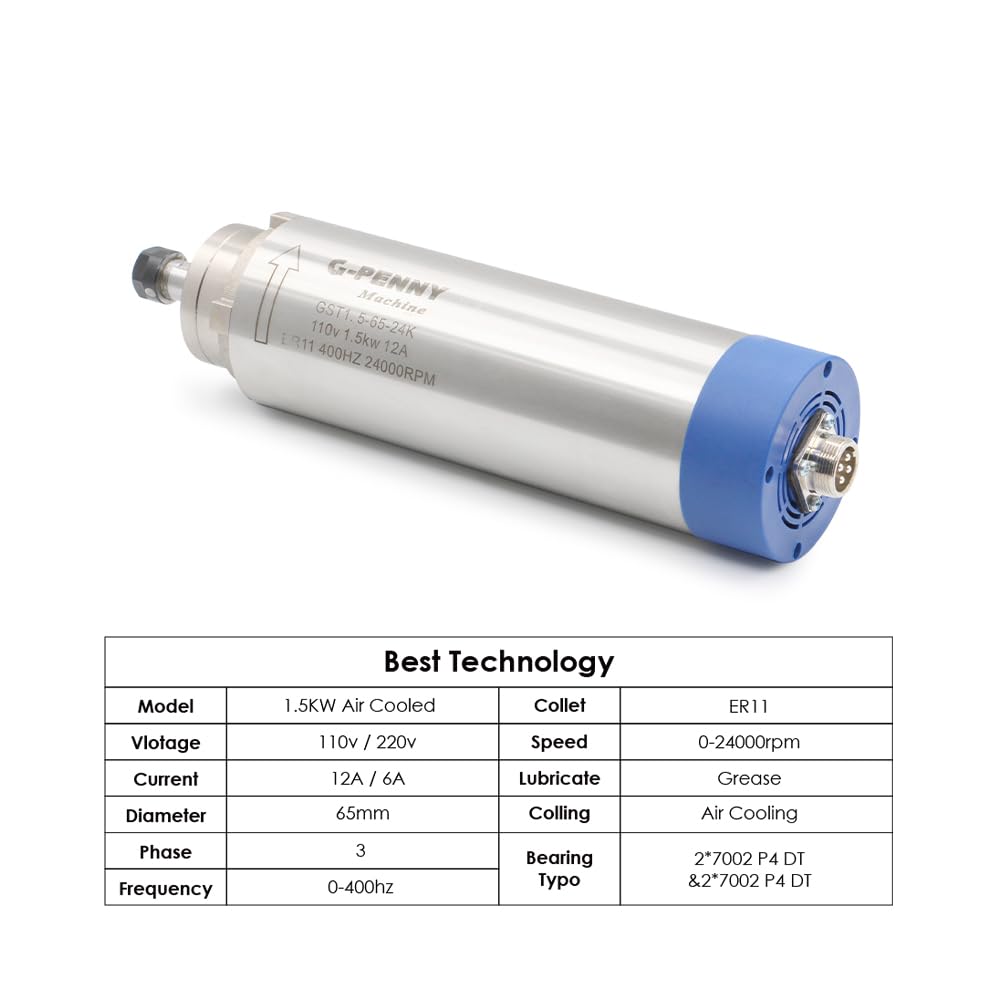 G-Penny 1.5KW ER11 65mm 110V/220vAC Air Cooled Spindle Motor 4pcs Bearings 24000rpm Wood Working Spindle Motor (220, Volts (AC)) - Image 3