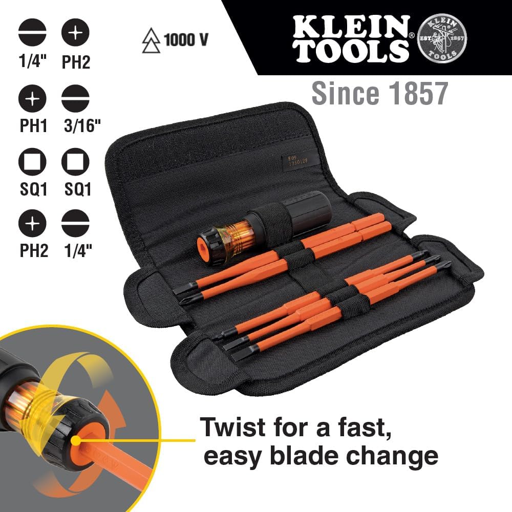 Klein Tools 32288 Insulated Screwdriver, 8-in-1 Screwdriver Set with Interchangeable Blades, 3 Phillips, 3 Slotted and 2 Square Tips - Image 2
