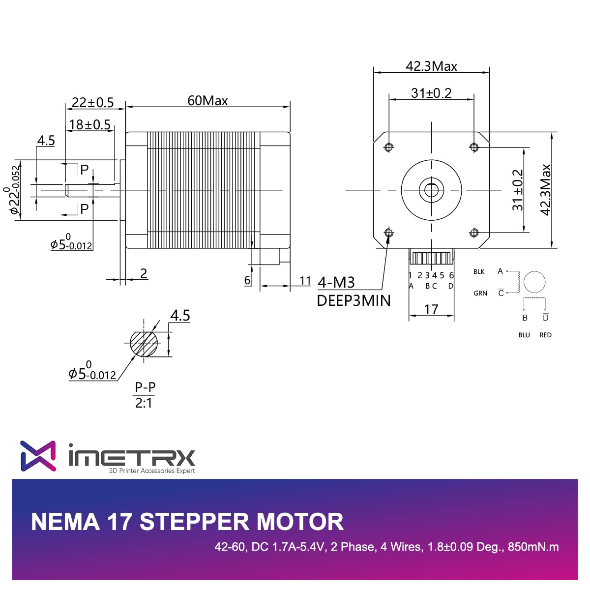 Nema 17 Stepper Motor 42x60mm 2.1A 2 Phase 4 Wires 1.8 Degrees with 1Meter Cable for 3D Printer Motors - Image 2