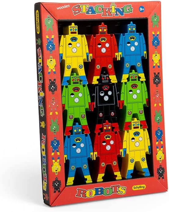 Schylling Stacking Robots - Colorful Wooden Stacking Toy for Kids - 9 pcs. Fun Puzzle for Balancing and Imaginative Play - Ages 3 and Up - Image 2