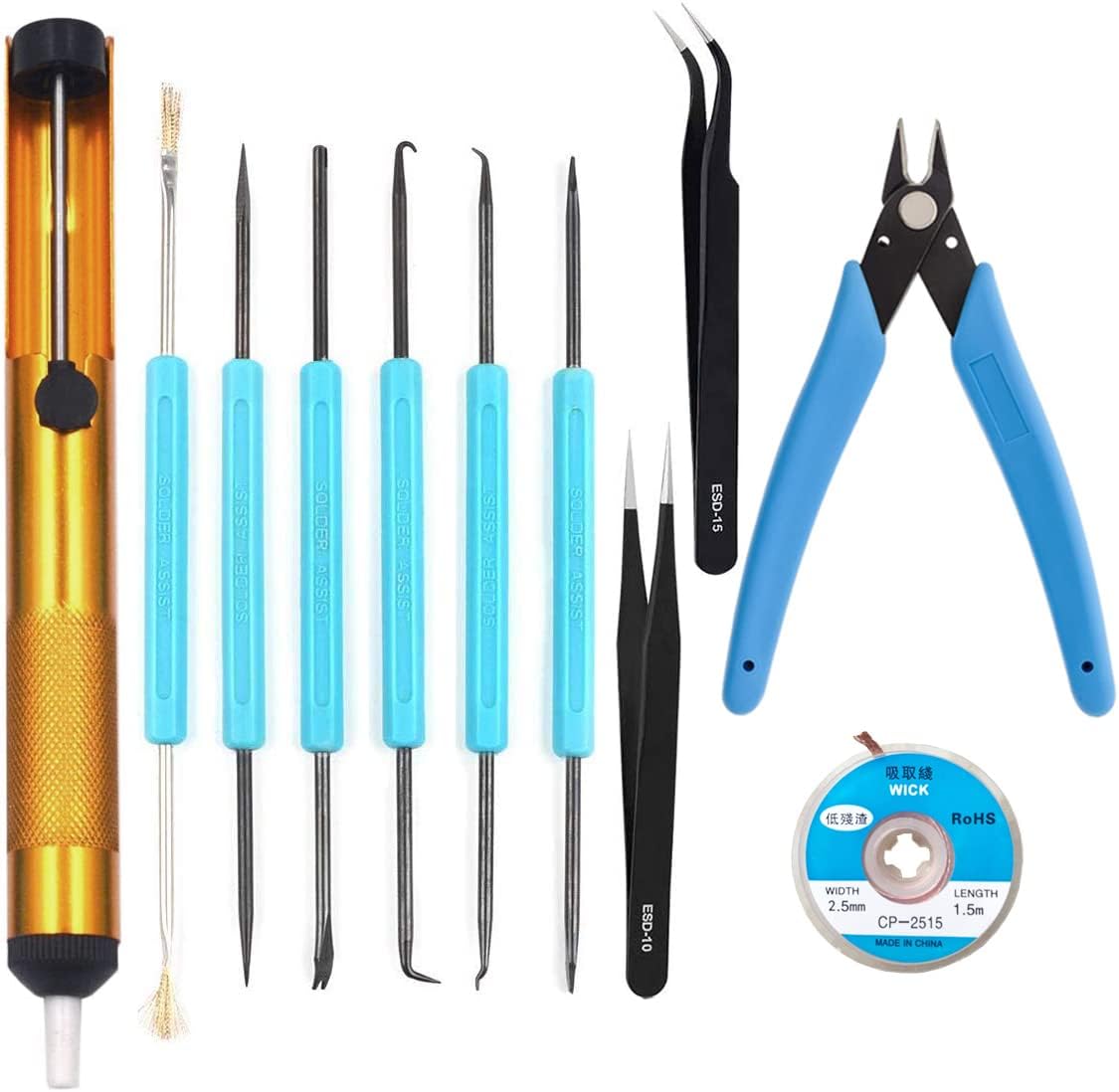 Professional welding tools and desoldering tool sets (11 pieces), desoldering pumps, desoldering wicks, wire cutters, tweezers, soldering iron auxiliary accessories