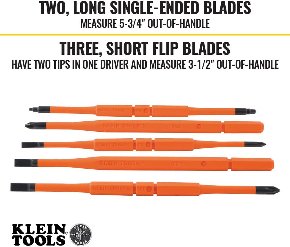 Klein Tools 32288 Insulated Screwdriver, 8-in-1 Screwdriver Set with Interchangeable Blades, 3 Phillips, 3 Slotted and 2 Square Tips - Image 3
