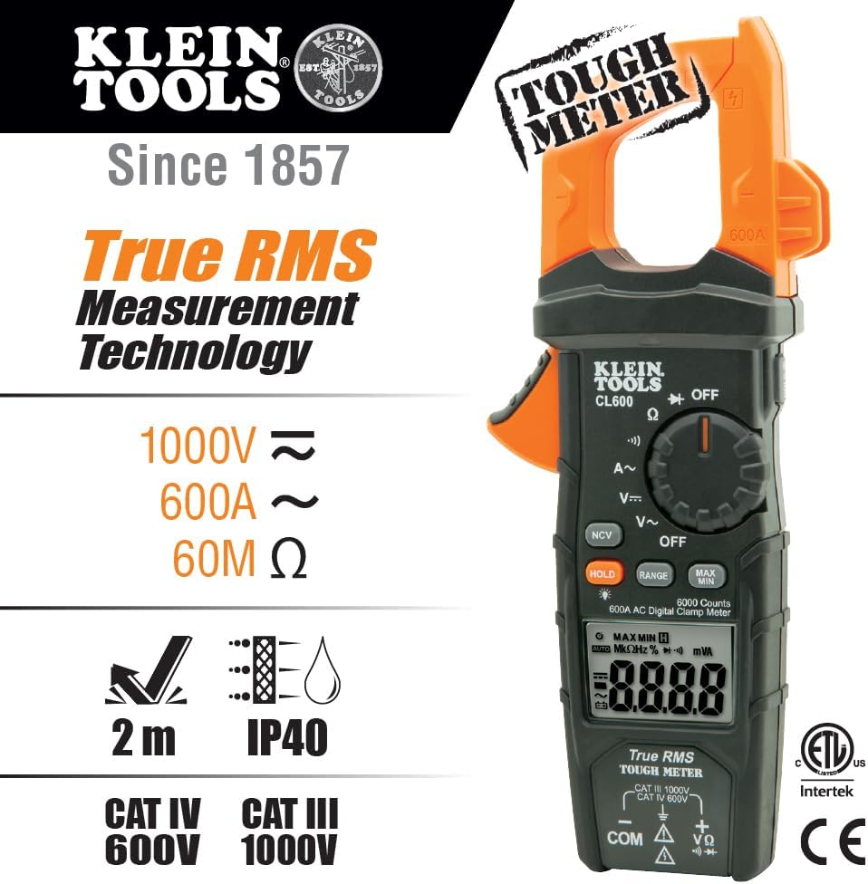 Klein Tools CL600 Electrical Tester, Digital Clamp Meter has Auto Range TRMS, Measures AC Current, AC/DC Volts, Resistance, NCVT, More, 1000V - Image 2