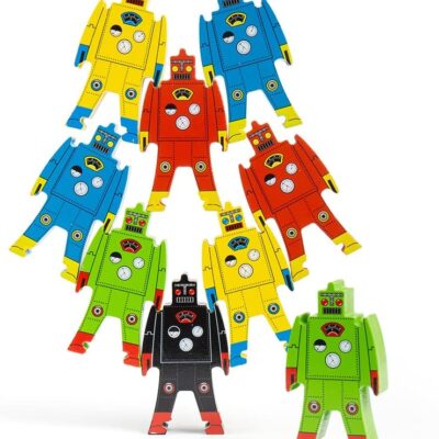 Schylling Stacking Robots - Colorful Wooden Stacking Toy for Kids - 9 pcs. Fun Puzzle for Balancing and Imaginative Play - Ages 3 and Up