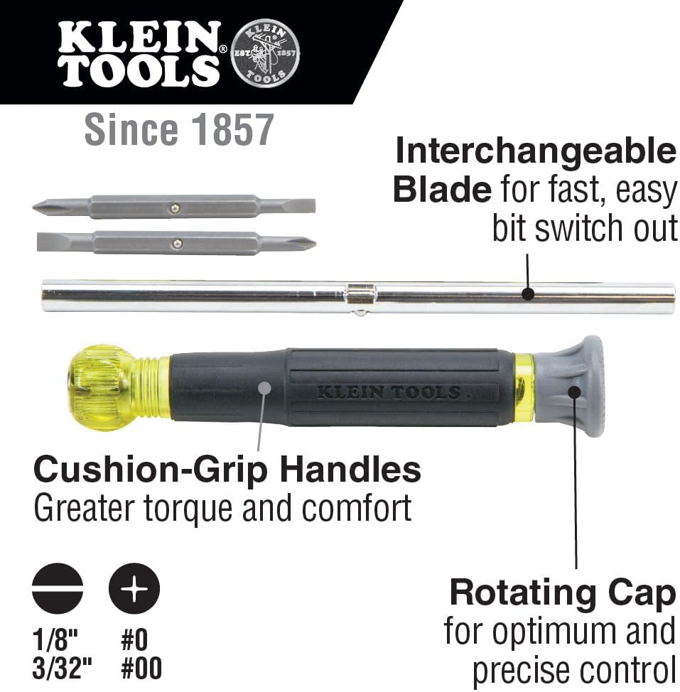 Klein Tools 32581 4-in-1 Electronics Screwdriver Set with 2 Slotted, 2 Phillips Precision Machined Bits, Ideal for Terminal Blocks - Image 2