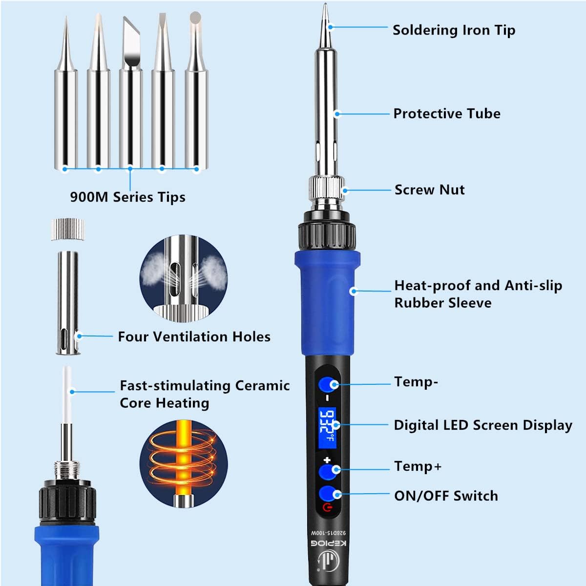 Soldering Iron Kit, High Power 100W Soldering Iron Fast Heating, Circuit Board Soldering Repair Tools with Magnifying Glass Soldering Helper, 12 in 1 Adjustable Digital Soldering Kit. - Image 5