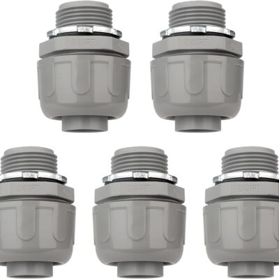 Conduit Connectors, 3/4 Inch Liquid Tight Connector NPT Non-Metallic for PVC Electrical Flexible Conduit Fittings, 180 Degree Straight, UL Listed for Home Outdoor Tubes Tools, Grey (5-Pack)