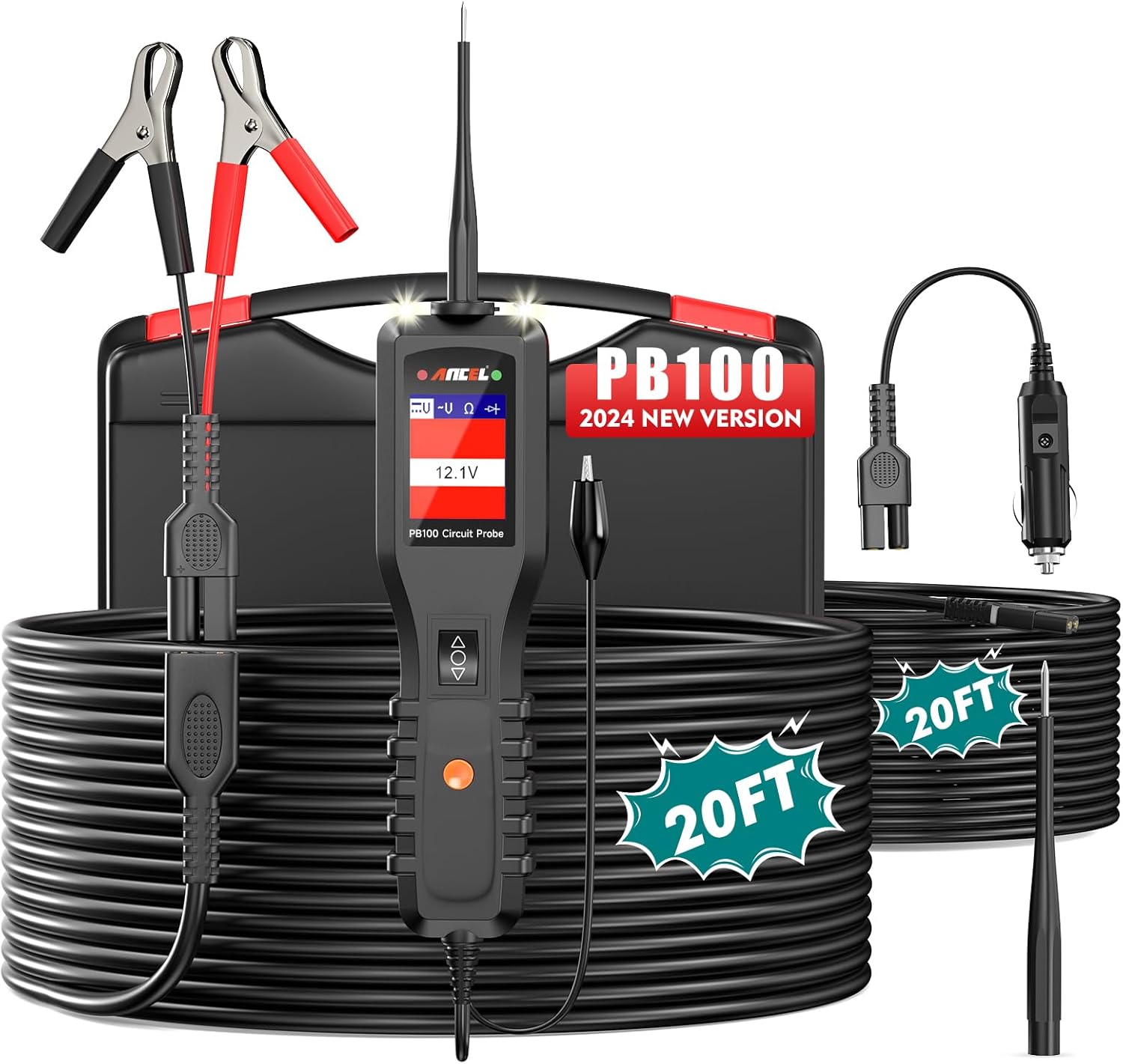 ANCEL PB100 Automotive Power Circuit Probe Tester, 12V 24V Car Test Light Electrical Diagnostic Tool Master Kit AC DC Digital Voltage Short Finder, Relay Fuse Tester Trailer 3 System Thermometer 4