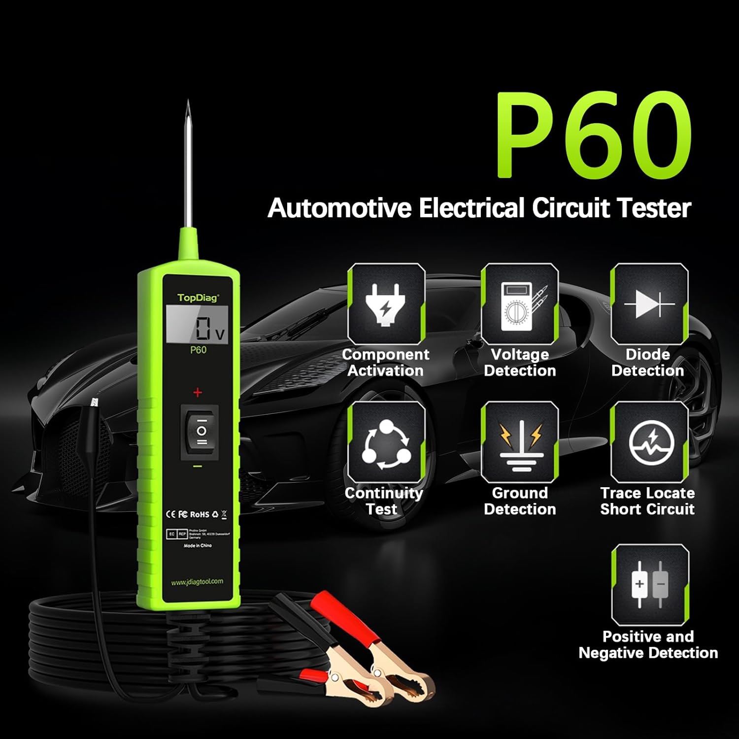 P60 Power Circuit Probe Kit Component Activation Short Circuit Finder Continuity Test Voltage Tester 6-30V Diode Detection Test Trailer Lights Grounding Test Jump Lead Function - Image 2