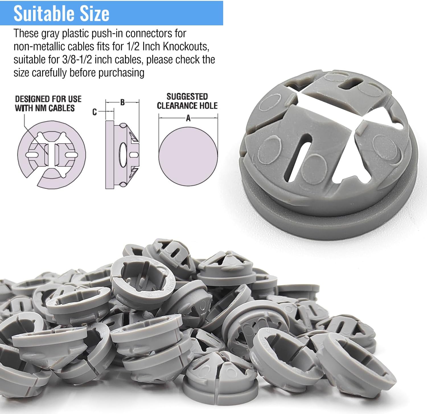 120 Pcs 3/8-1/2 Inch Electrical Box Cable Connectors, Non-Metallic Button Push in Wire Connectors, Electrical Conduit Fittings Junction Box Connector Gray, Fits for 1/2 Inch Knockouts - Image 6