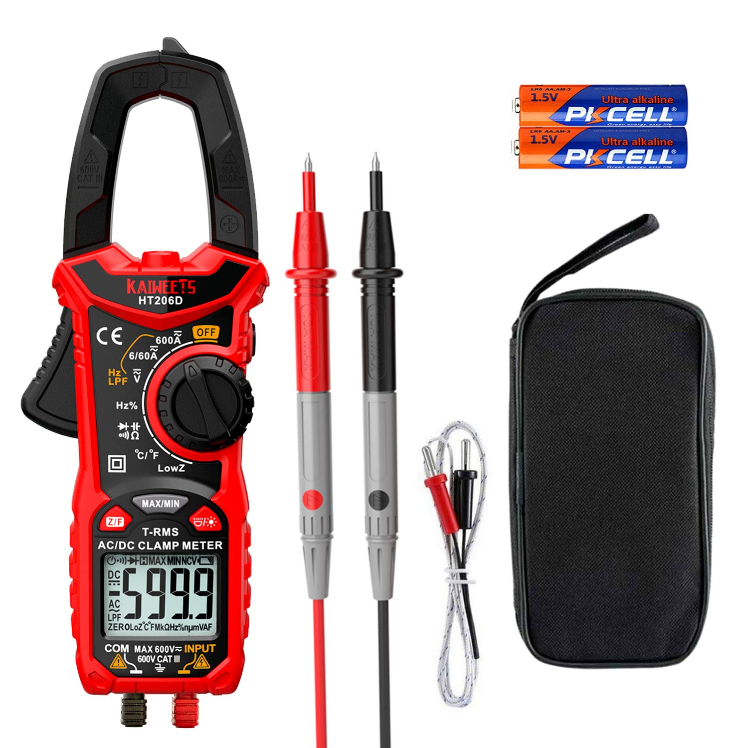 KAIWEETS HT206D Digital Clamp Meter T-RMS 6000 Counts, Multimeter Voltage Tester Auto-ranging, Measures Current Voltage Temperature Capacitance Resistance Diodes Continuity Duty-Cycle (AC/DC Current) - Image 3
