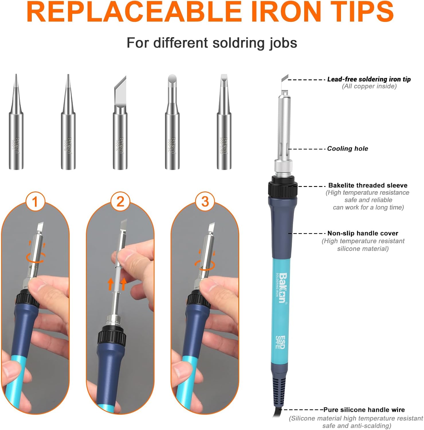 969 Soldering Iron Kit,90W Precision Soldering Station,Soldering Kit with Knob Stepless Temp Controlled,5 Extra Iron Tips,Lead-Free Solder,Sucker,Tweezers,for Electronics Beginner - Image 4