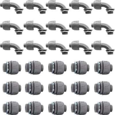 30Pcs,3/4" Liquid Tight Connector Non-Metallic Electrical Conduit Fittings, PVC Flexible Conduit Fittings, UL Listed(Straight+90 Degree)