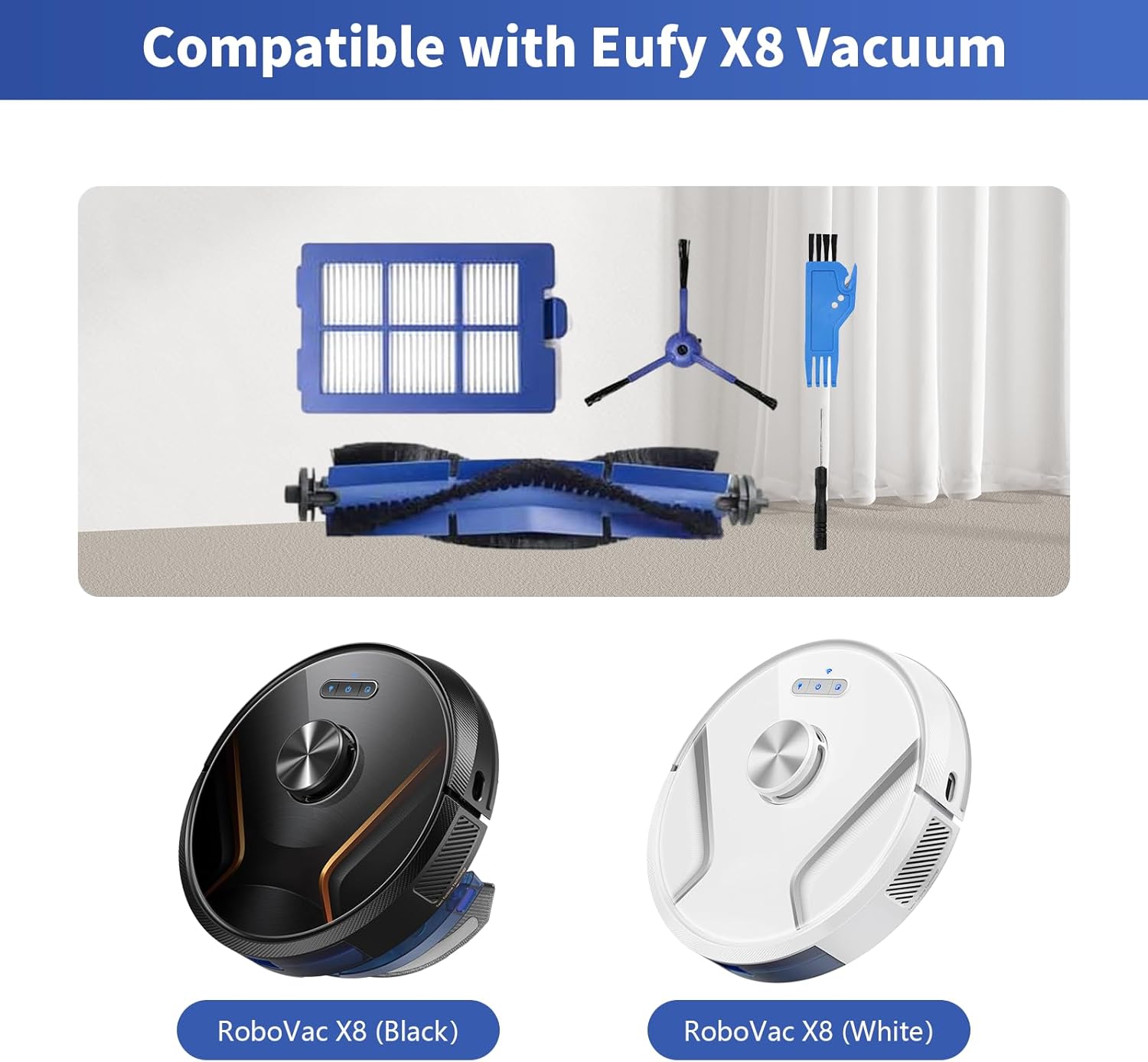 Accessories Kit for Robot Vac X8 ,Replacement Parts Compatible with X8 Hybrid Robotic Vacuum Cleaner includes 1 Main Brush,6 Filters ,8 Side Brushes,1 Cleaning Brush,1 Screwdriver - Image 2