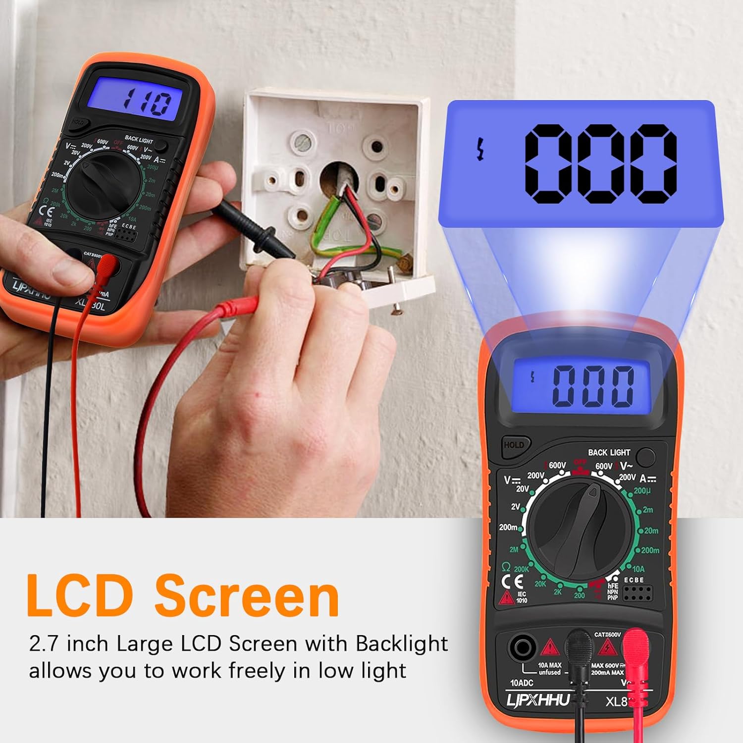 Digital Multimeter Voltmeter Battery Voltage Multi Tester Continuity Ohm Volt Amp DC AC Current Resistance Diodes 2000 Counts Electrical Test Meter with Leads Backlight LCD Display - Image 3