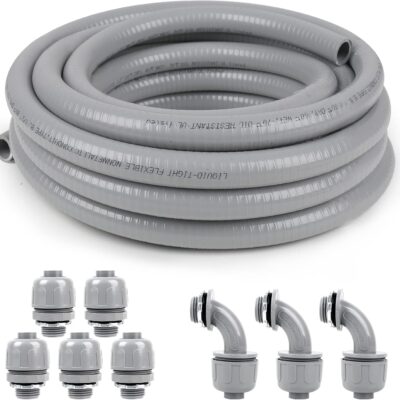 1/2inch 50ft Liquid-Tight Conduit and Connector Kit,Flexible Non Metallic Liquid Tight Electrical Conduit Kit with 5 Straight and 3 90-Degree Conduit Connector Fittings,1/2 in. Dia