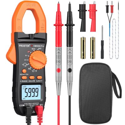 Proster Digital Clamp Meter TRMS 6000 Count 800A DC AC Current AC/DC Voltage NCV Continuity Capacitance Resistance Frequency Diode Hz Test, with1 PairTest Leads 1 Pair Alligator Clips