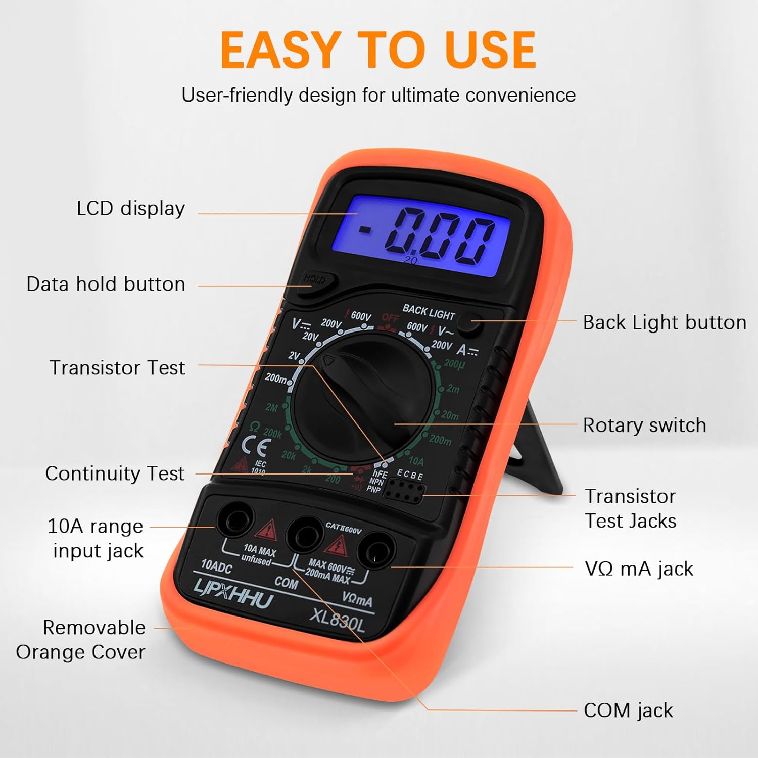 Digital Multimeter Voltmeter Battery Voltage Multi Tester Continuity Ohm Volt Amp DC AC Current Resistance Diodes 2000 Counts Electrical Test Meter with Leads Backlight LCD Display - Image 5