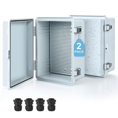 GroTheory 2 Pack Waterproof Junction Box, IP67 ABS Plastic Project Enclosure, Outdoor Electrical Box with Hinged Cover, Wall Brackets, Mounting Panel, Cable Connector (11.4"×7.5"×5.5")