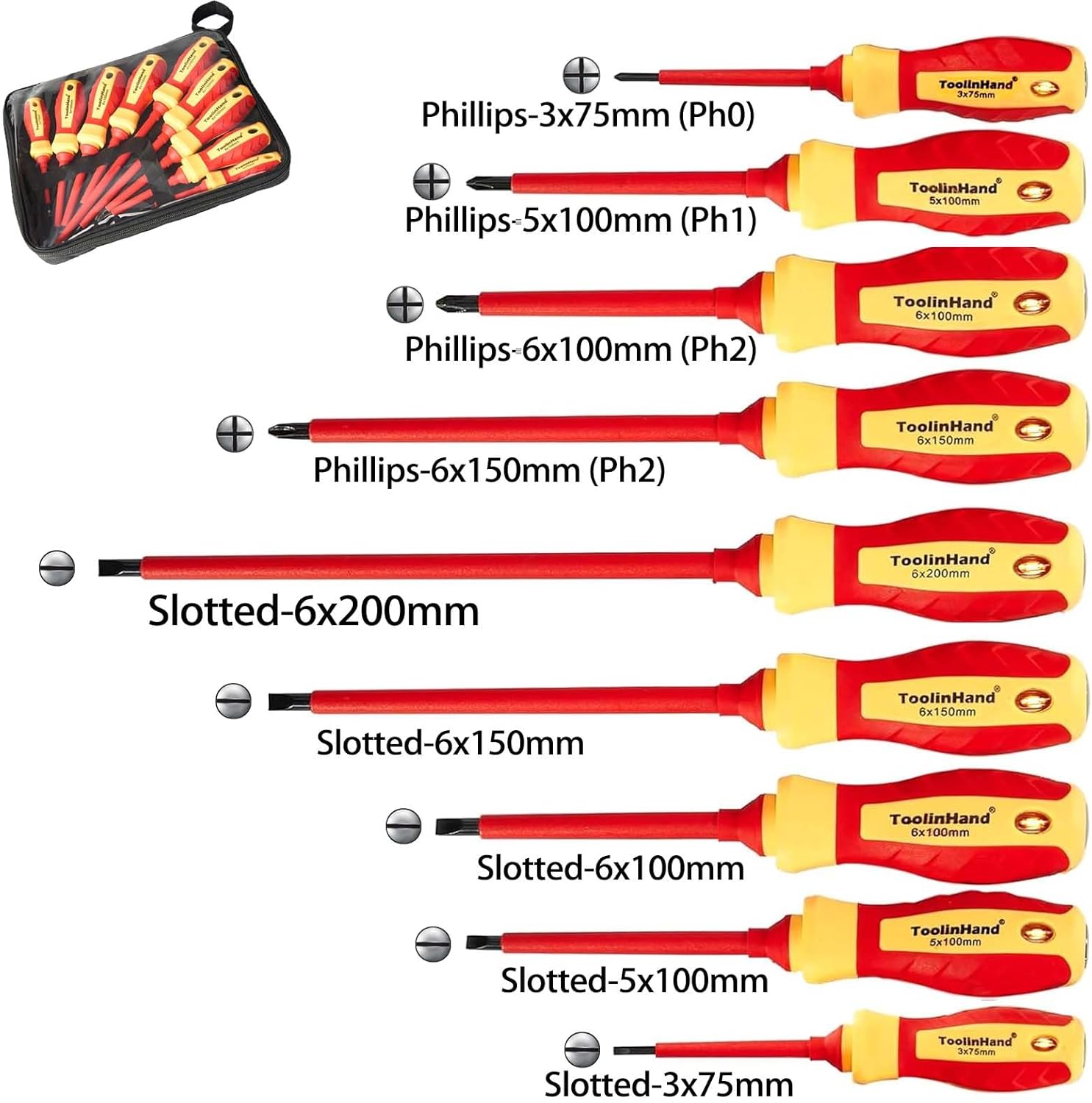 9 PCS 1000V Insulated Screwdriver Set, 4 Phillips and 5 slotted Screwdrivers, with Voltage Tester, CR-V Magnetic Tips, Professional Electrician Electrical Screwdriver Tool Set - Image 2
