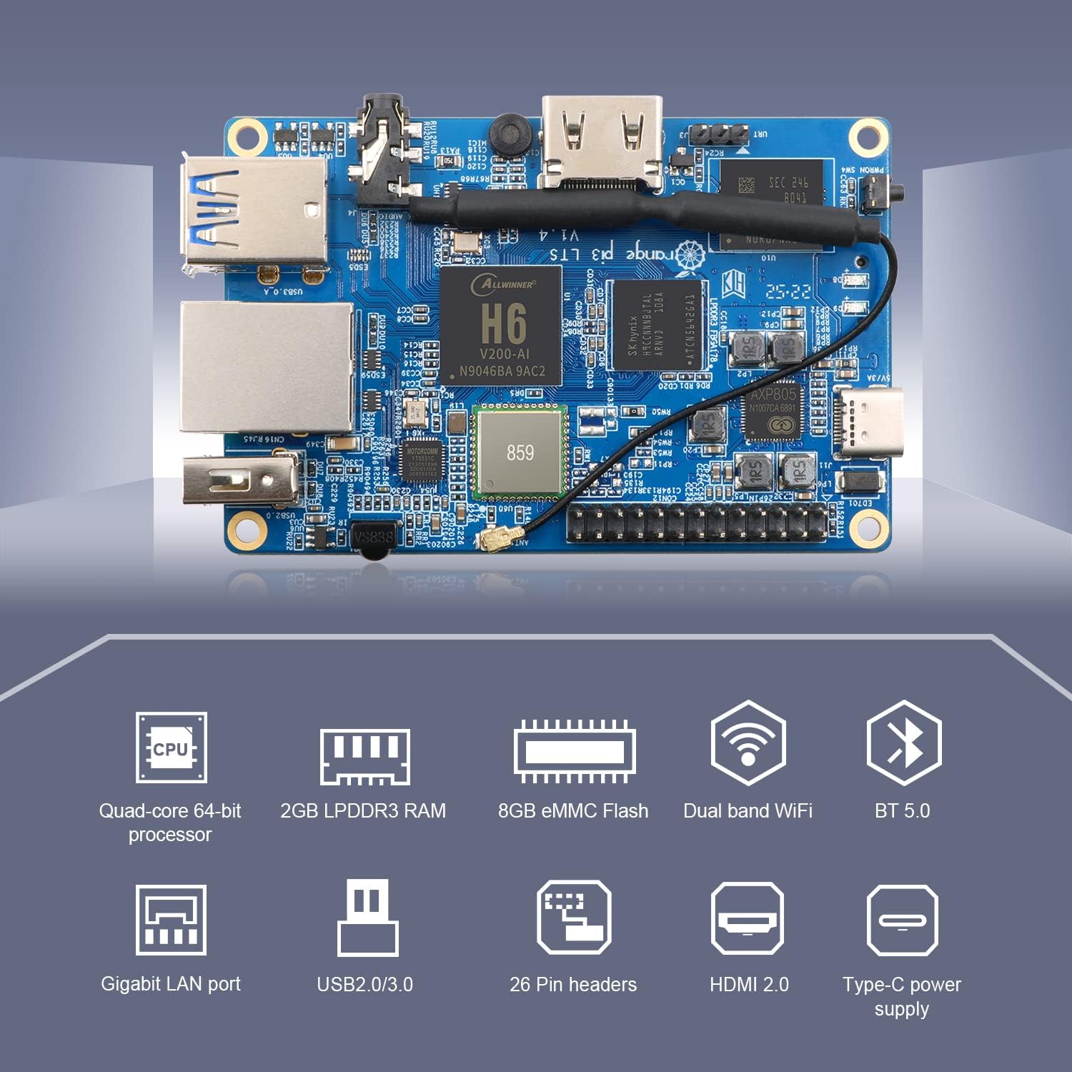 3 LTS 2GB LPDDR3 Allwinner H6 Flash 4-Core 64 Bit with 8GB eMMC Flash Single Board Computer, Support Dual-Band WiFi and Bluetooth 5.0 Development Board Run Android/Ubuntu.. (Pi 3 LTS) - Image 2
