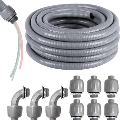 1/2inch 25ft Electrical Conduit Kit, Flexible Non Metallic Liquid Tight Conduit, Flexible Conduit with 6 Straight and 3 Angle Fittings, Not Include 10-AWG 3 Colour Wire (1/2" Dia)