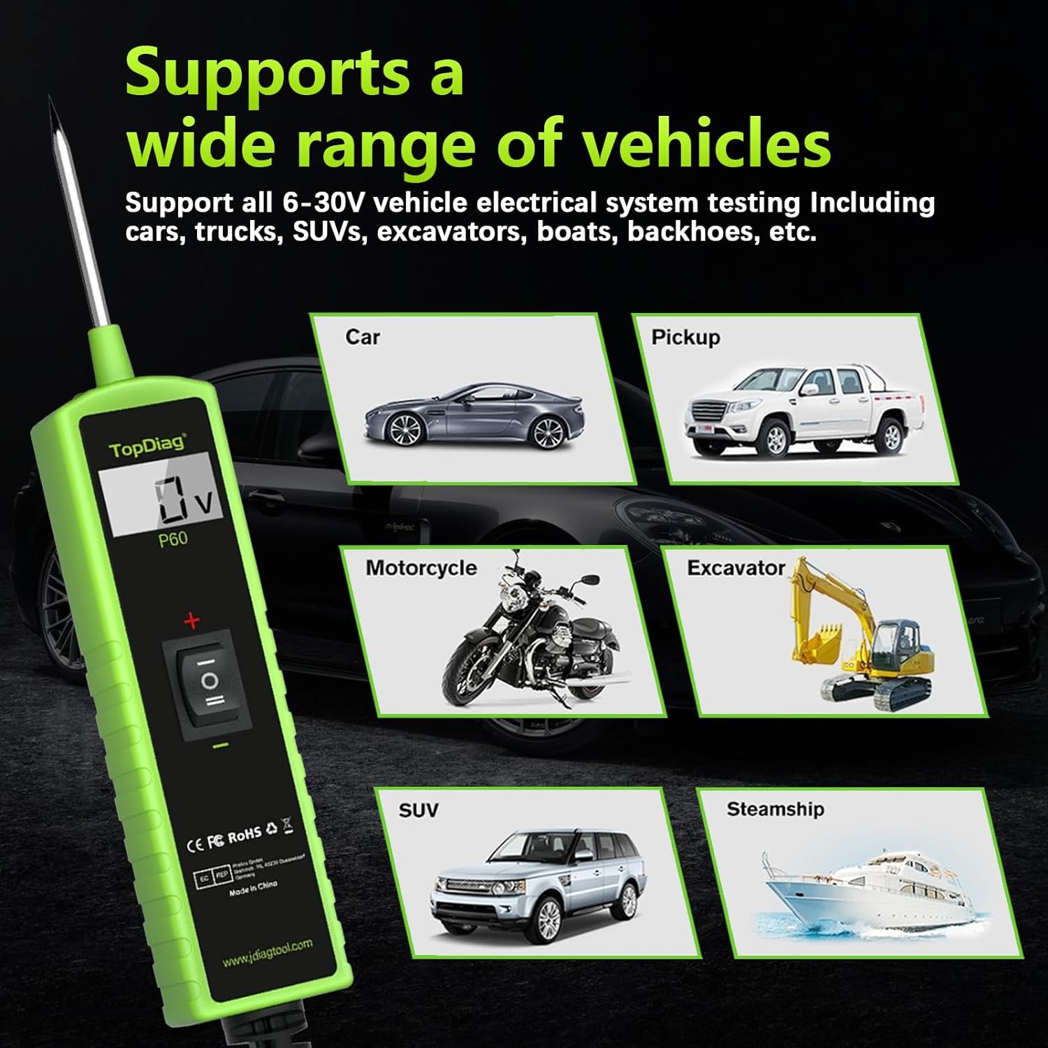 P60 Power Circuit Probe Kit Component Activation Short Circuit Finder Continuity Test Voltage Tester 6-30V Diode Detection Test Trailer Lights Grounding Test Jump Lead Function - Image 6