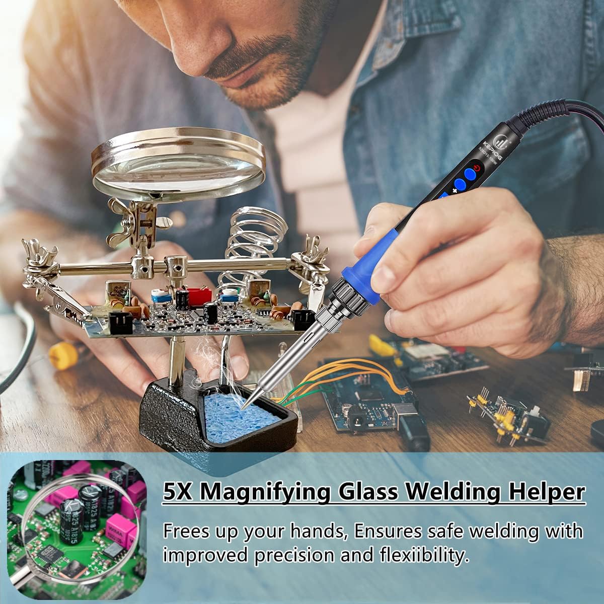 Soldering Iron Kit, High Power 100W Soldering Iron Fast Heating, Circuit Board Soldering Repair Tools with Magnifying Glass Soldering Helper, 12 in 1 Adjustable Digital Soldering Kit. - Image 3