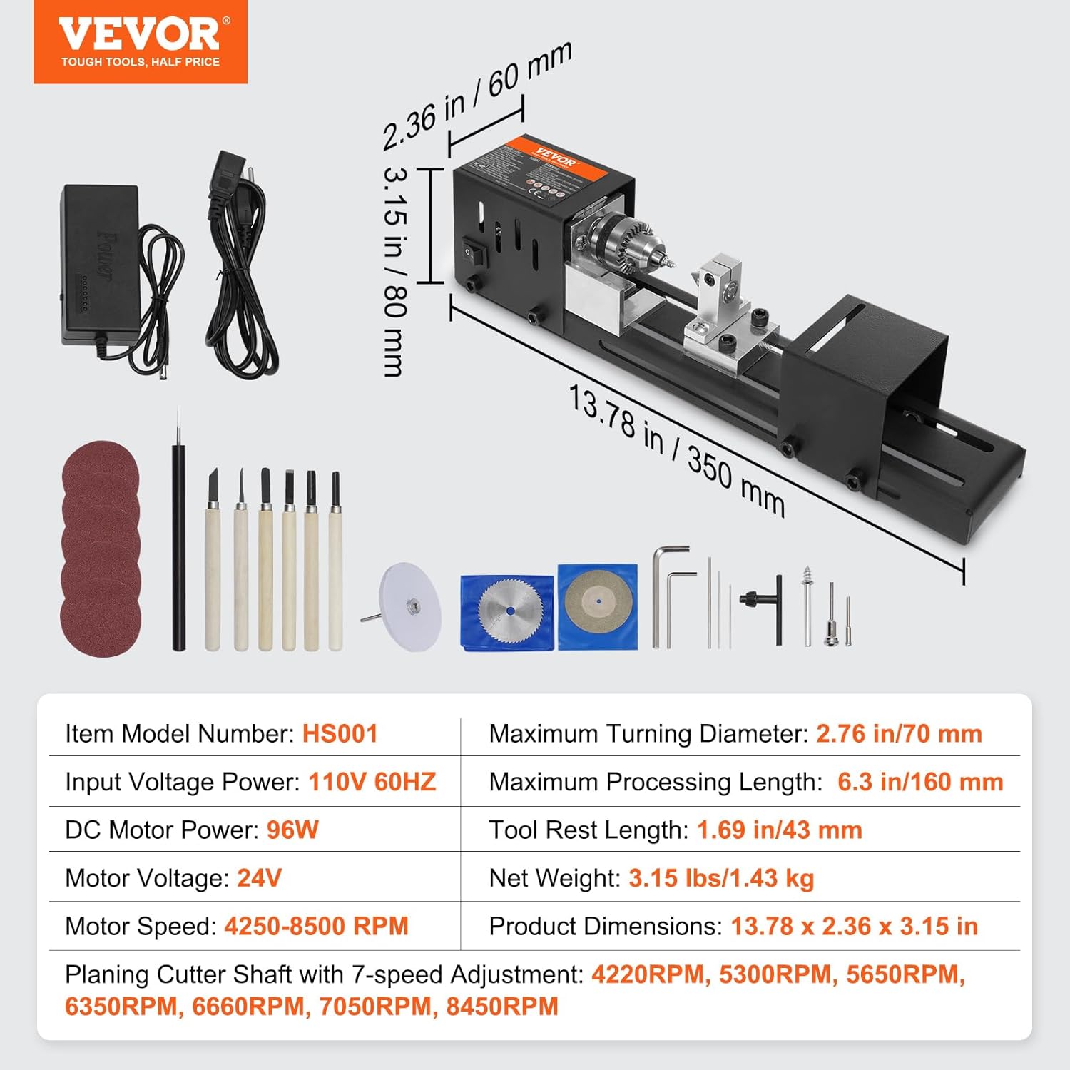 VEVOR Mini Lathe Machine, 2.76 in x 6.3 in, 24VDC 96W Mini Wood Lathe Tools Milling Machine Accessories, 7 Speeds 4220/5300/5650/6350/6660/7050/8450 RPM, for DIY Woodworking Wood Drill Rotary Tool - Image 7
