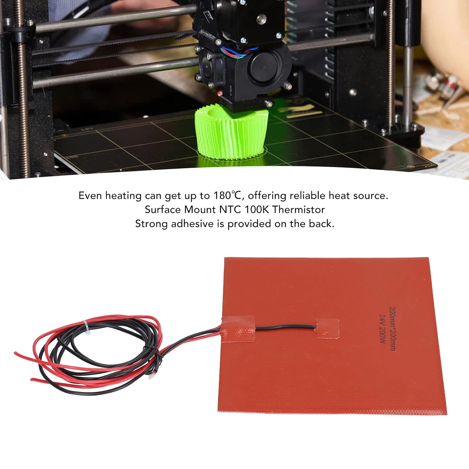 Silicone Heater Pad 200W 200x200mm Quick Heating up to 180℃ NTC 100K Thermistor for Ender 3 (DC24V) - Image 3