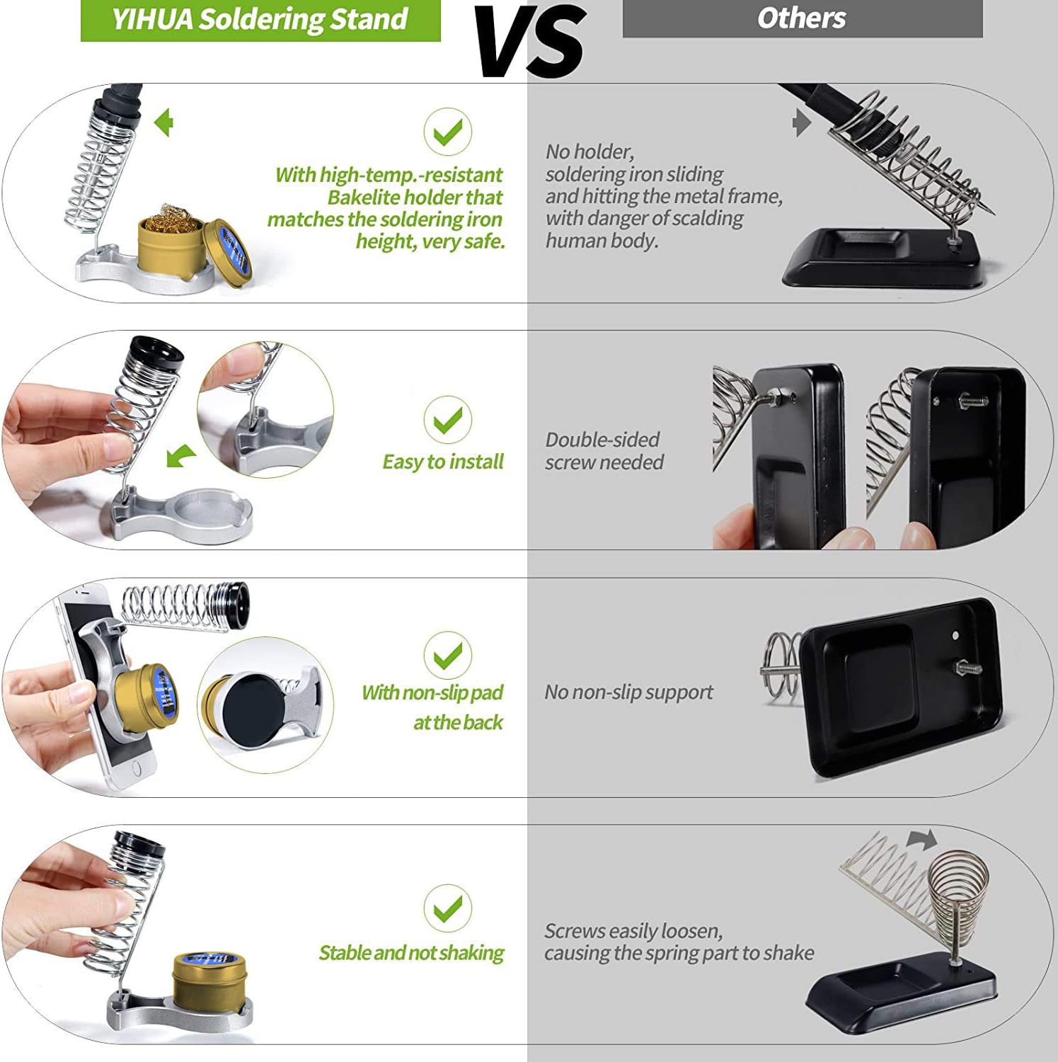 YIHUA 947-III 60W Soldering Iron Kit Adjustable Temperature with Sticky Holder, Tip Cleaner, Cleaning Sponge Power Switch, Operation Indicator, Portable Soldering Kit - Image 4