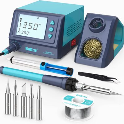 BAKON 969S Soldering Iron Kit,60W Digital Soldering Station with Sleep Mode,Fast Heating Up,°C/ºF Conversion(356℉-896℉),Password Lock,ESD Safe,Solder Sucker,Tweezers,50g Solder,5 Extra Iron Tips