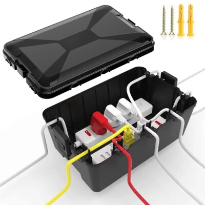 Large Outdoor Electrical Box Waterproof (12.6 x 8.3 x 5.2 inch), IP54 Weatherproof Extension Cord Cover with 7 Cable Seal Entry, Protect Power Strip, Timer Outlet Plug, Holiday Light, Black