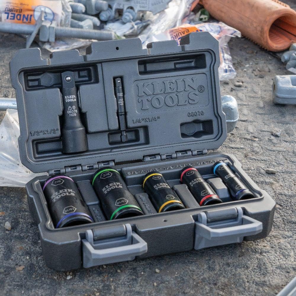 Klein Tools 66070 Impact Socket Set, Impact Driver Flip Socket, Five Sockets with 1/4-Inch Hex and 1/2-Inch Square Socket Adapters, 7-Piece - Image 7