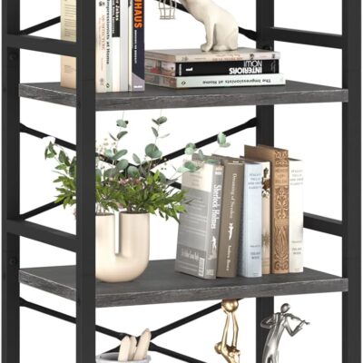 Yoobure 4 Tier Bookshelf - Small Book Shelf Industrial Bookcase, Narrow Book Case Book Storage Organizer for CD/Movie/Book, Bookshelves for Bedroom Office Living Room Charcoal Gray
