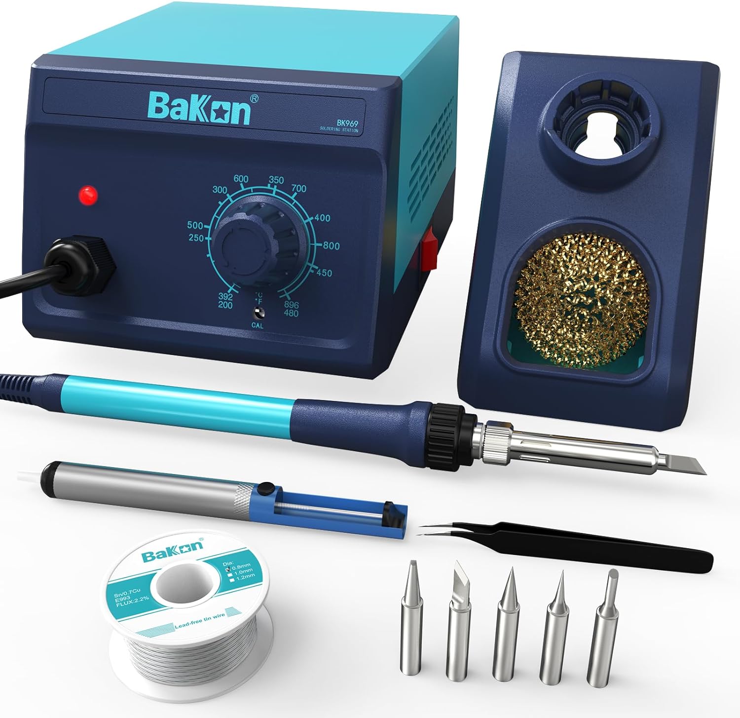 969 Soldering Iron Kit,90W Precision Soldering Station,Soldering Kit with Knob Stepless Temp Controlled,5 Extra Iron Tips,Lead-Free Solder,Sucker,Tweezers,for Electronics Beginner