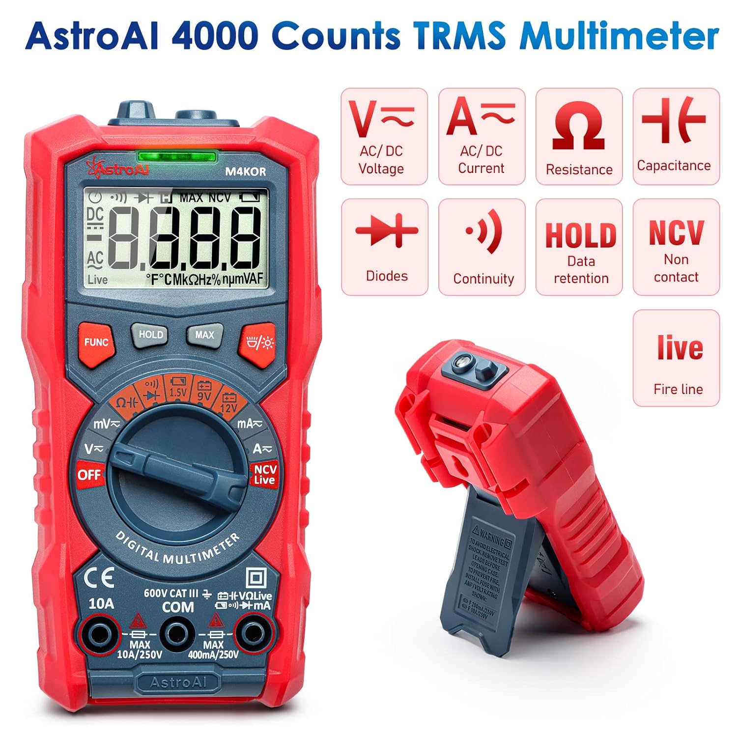 AstroAI Multimeter Tester, TRMS 4000 Counts Volt Meter Auto-Ranging Ohmmeter Digital 1.5v/9v/12v Battery Voltage Tester Measure Voltage Current Resistance Diodes Continuity Capacitance with NCV - Image 2