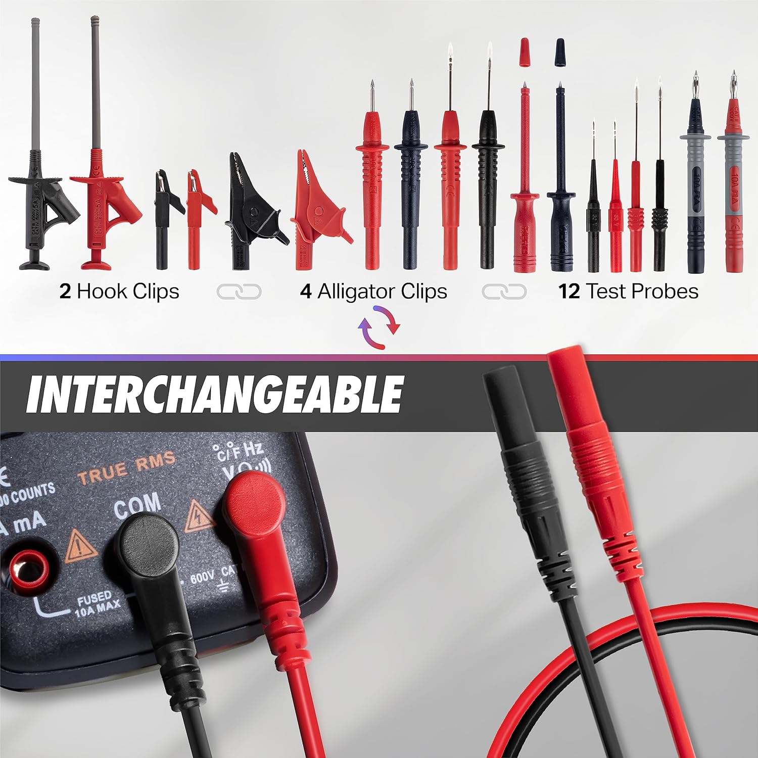 PowerBear 29PCS Multimeter Test Leads Kit with Replaceable Wire Piercing Test Probes, Alligator Clips, Test Hook Clips, Test Tweezer for Digital Clamp Meter Multimeter - Image 2